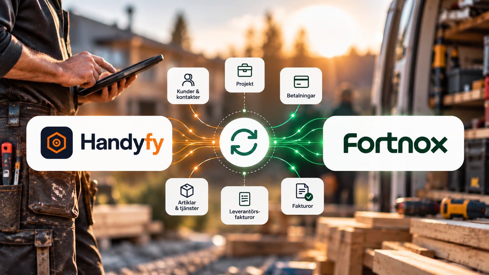 Handyfy och Fortnox kopplade: kunder, projekt, artiklar, fakturor, betalningar och leverantörsfakturor synkas automatiskt mellan systemen