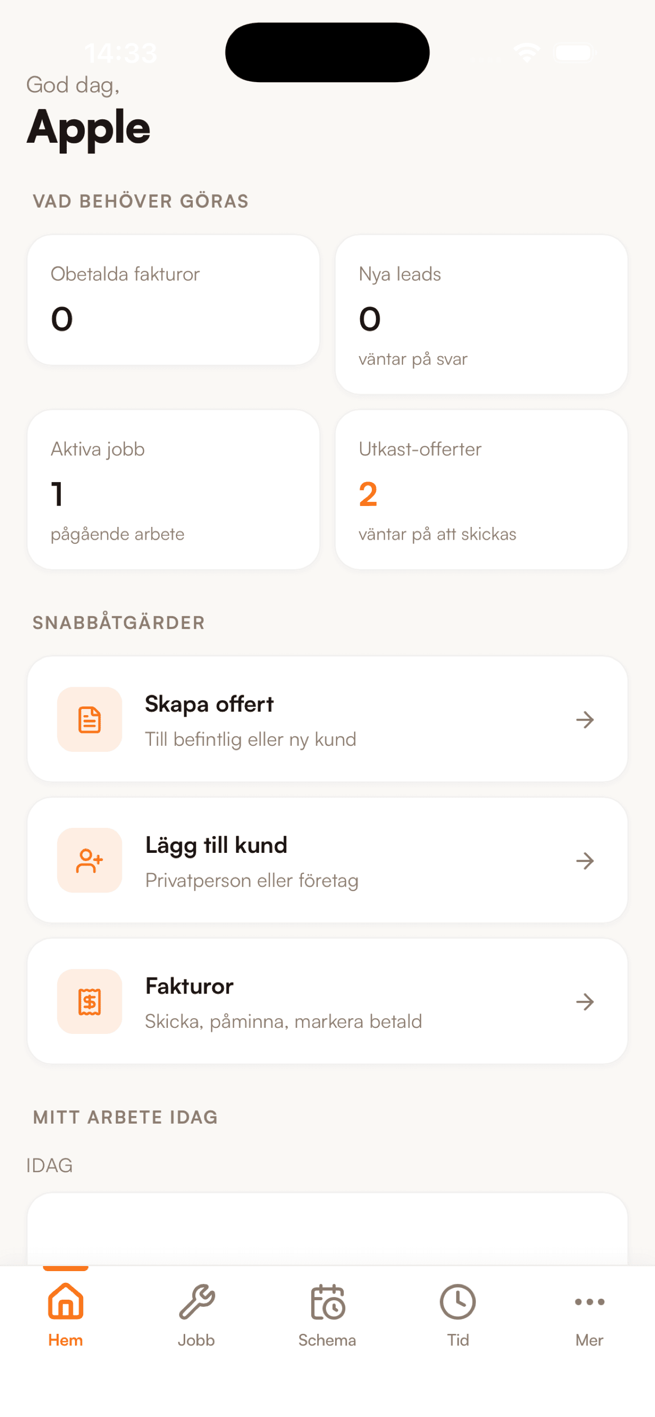 Handyfy iOS-app — dagens jobb och tidklocka på Hem-skärmen